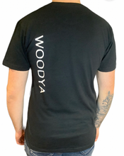 Load image into Gallery viewer, BLACK WOODYA T-SHIRT VERTICAL LOGO ON BACK
